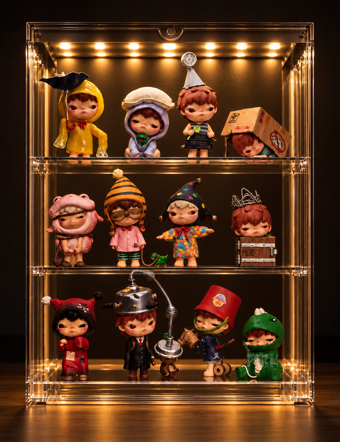Pop Mart 400% illuminated display cabinet featuring three shelves of collectible designer figures with warm LED lighting.