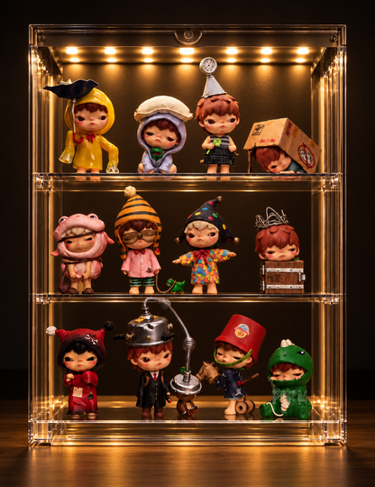 Pop Mart 400% illuminated display cabinet featuring three shelves of collectible designer figures with warm LED lighting.