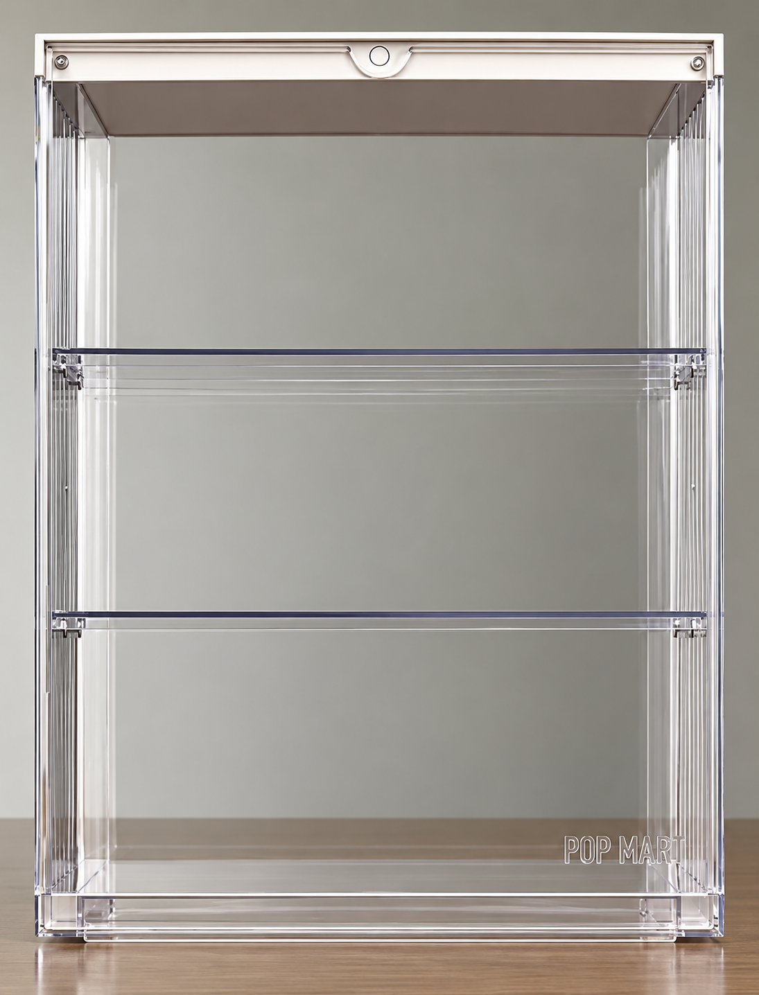 Official Pop Mart 400% transparent display container with clear acrylic-style panels and three display levels.