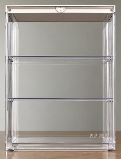 Official Pop Mart 400% transparent display container with clear acrylic-style panels and three display levels.