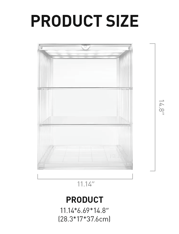 Pop Mart 400% illuminated display cabinet showing dimensions of 37.6 cm high, 28.3 cm wide and 17 cm deep.