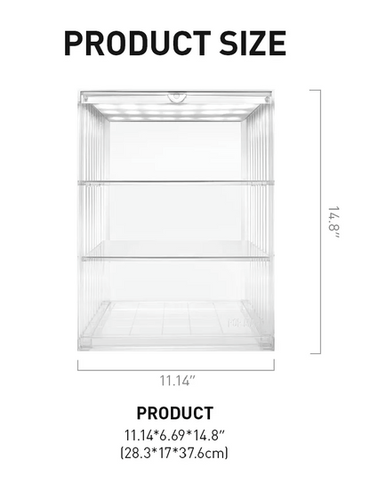 Pop Mart 400% illuminated display cabinet showing dimensions of 37.6 cm high, 28.3 cm wide and 17 cm deep.
