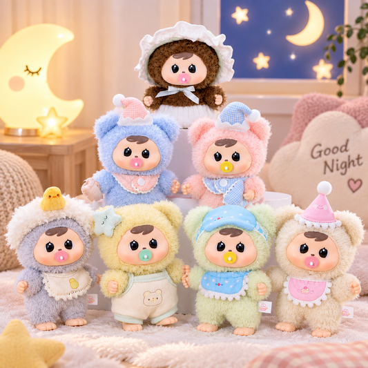 CQTOYS Bao-Ao Good Night Baby Series plush collection showing seven pastel bedtime baby character designs including the secret.