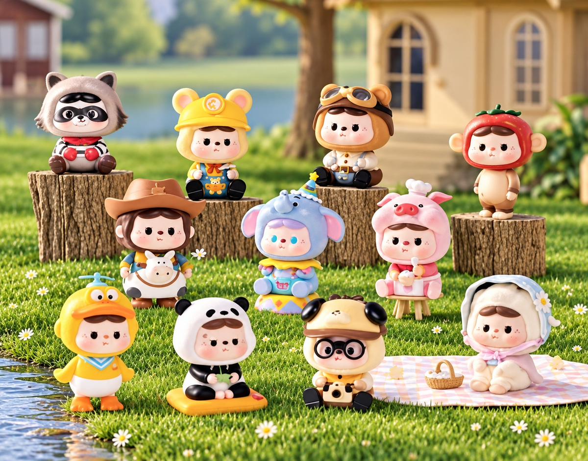 Heyone Bao Bao's Time Capsule Series 2025 featuring ten adorable kawaii collectible figures dressed in cute animal costumes, including panda, duck, pig and elephant designs.