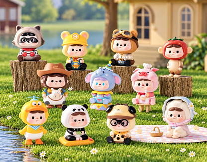 Heyone Bao Bao's Time Capsule Series 2025 featuring ten adorable kawaii collectible figures dressed in cute animal costumes, including panda, duck, pig and elephant designs.