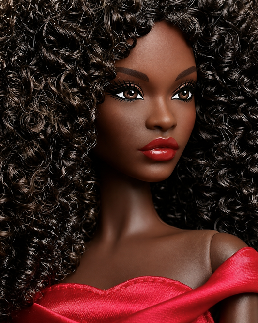 Black Barbie 45th Anniversary collector doll close-up with voluminous curled black hair, deep brown skin, red lips and red satin off-shoulder gown.