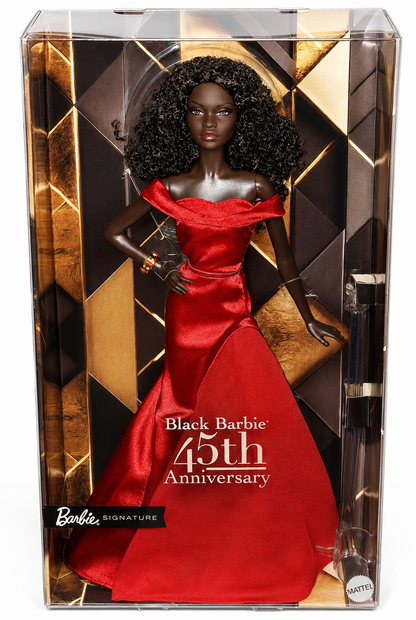 2025 Mattel Barbie Signature Black Barbie 45th Anniversary JBJ22 collector doll in red gown, displayed NRFB in original Art Deco presentation box.