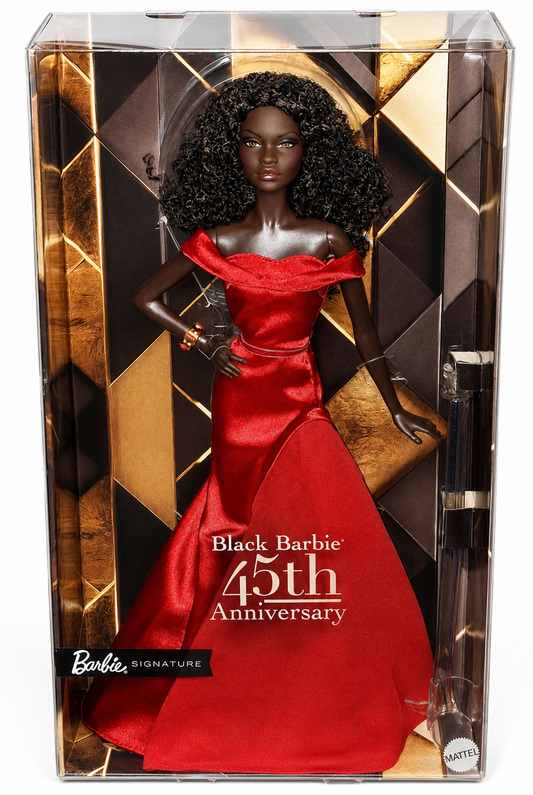 2025 Mattel Barbie Signature Black Barbie 45th Anniversary JBJ22 collector doll in red gown, displayed NRFB in original Art Deco presentation box.
