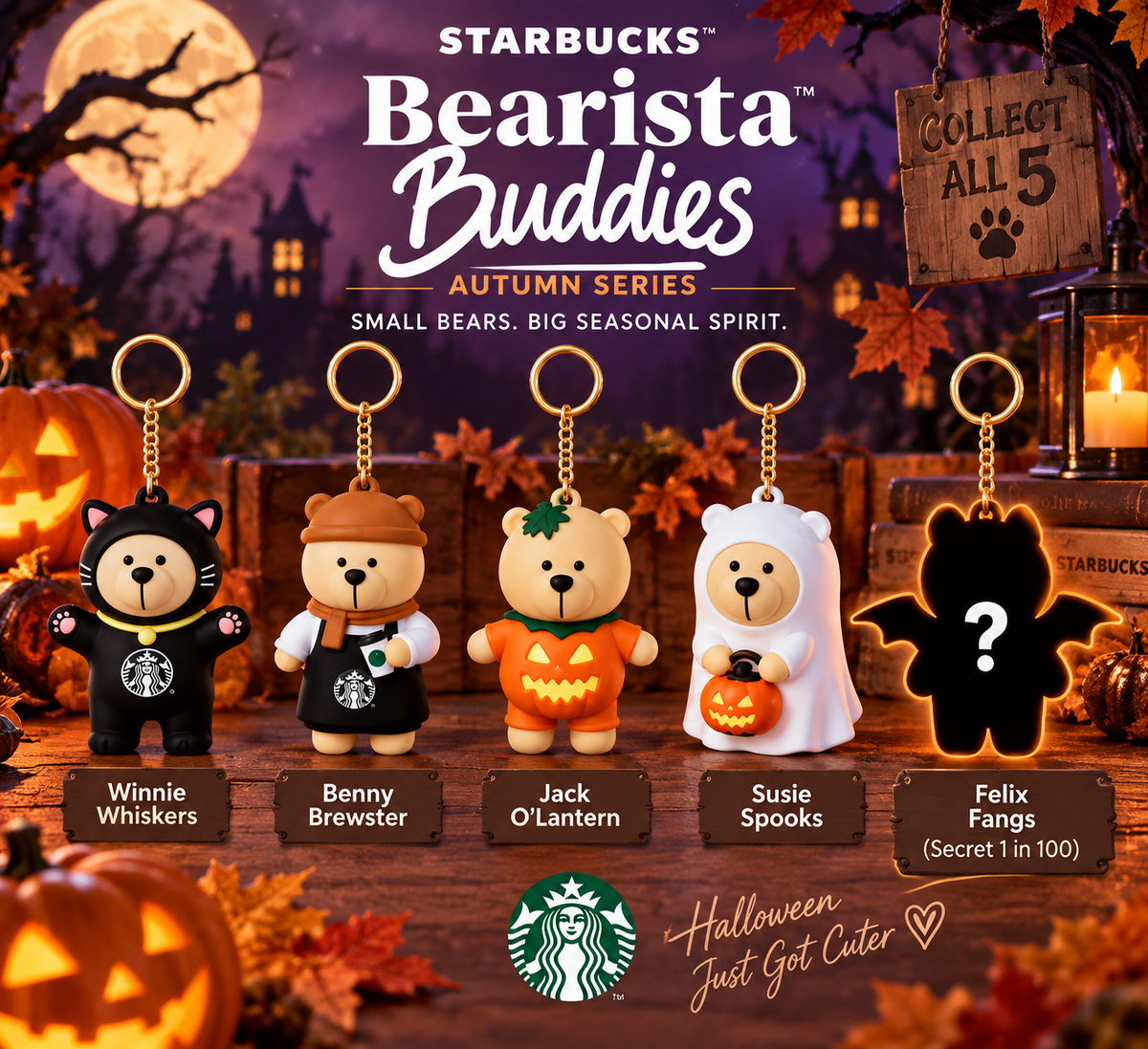Starbucks Bearista Buddies Autumn Series 2026 Halloween collectible keyring lineup with character names and spooky autumn background.