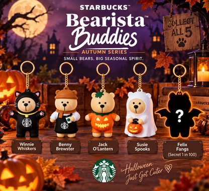 Starbucks Bearista Buddies Autumn Series 2026 Halloween collectible keyring lineup with character names and spooky autumn background.