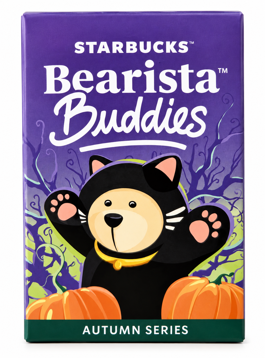 Starbucks Bearista Buddies Autumn Series 2026 Halloween mystery blind box with black cat Bearista and pumpkin artwork.