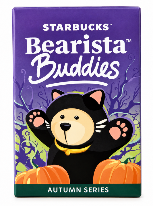 Starbucks Bearista Buddies Autumn Series 2026 Halloween mystery blind box with black cat Bearista and pumpkin artwork.