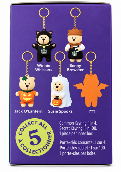 Starbucks Bearista Buddies Autumn Series 2026 character lineup showing Winnie Whiskers, Benny Brewster, Jack O’Lantern, Susie Spooks and secret mystery design.