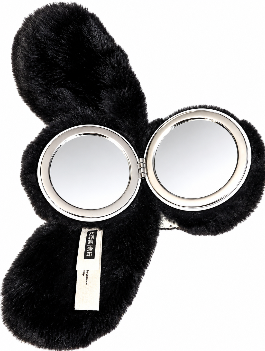 Baby Three Vanity Mirror V2 Black Bunny opened to reveal two circular silver-framed mirrors surrounded by soft black plush fur.