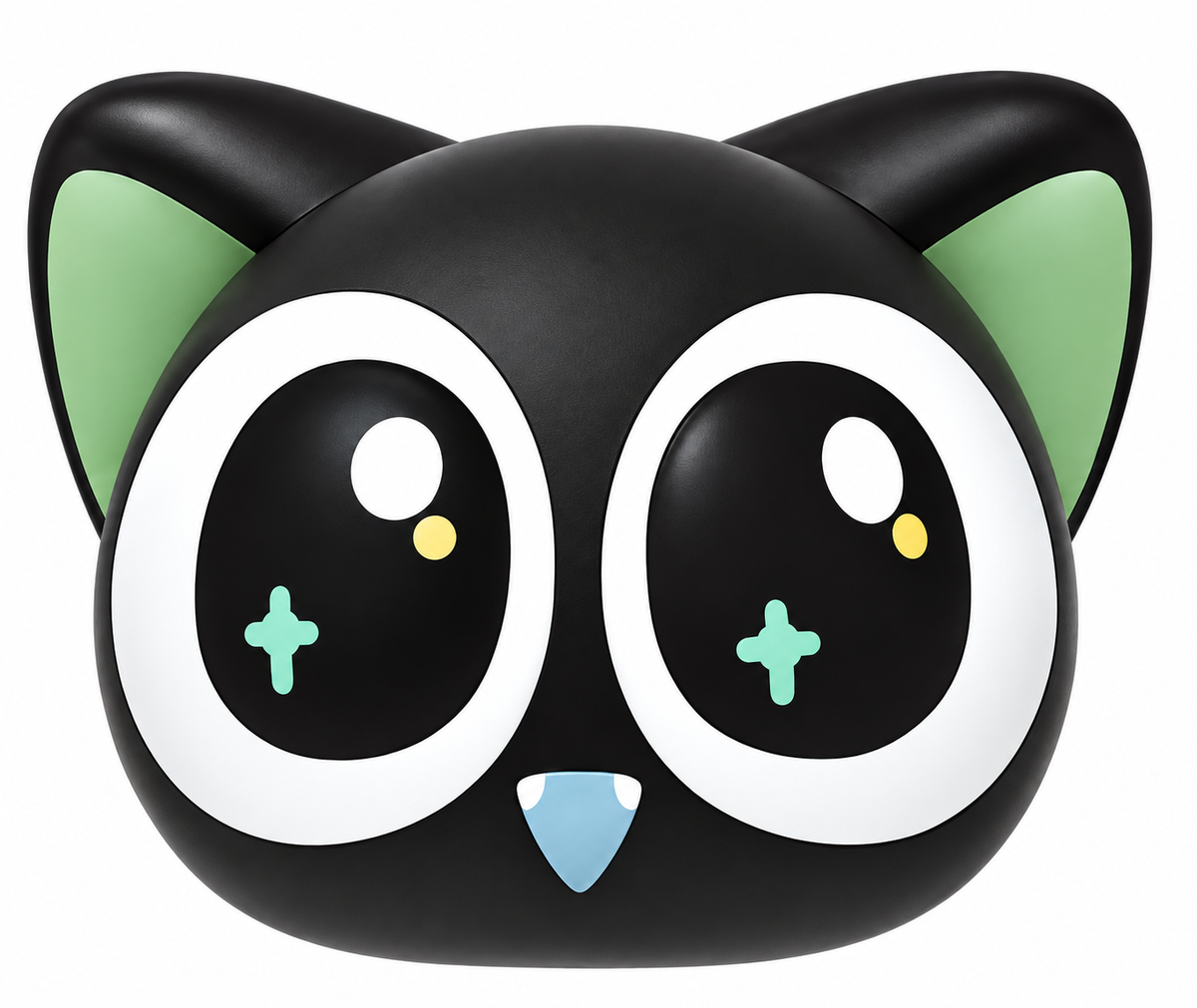 FUNISM Luo Xiaohei Daily Series black cat-shaped collectible blind box container featuring oversized eyes, mint-green ears and an adorable blue nose.