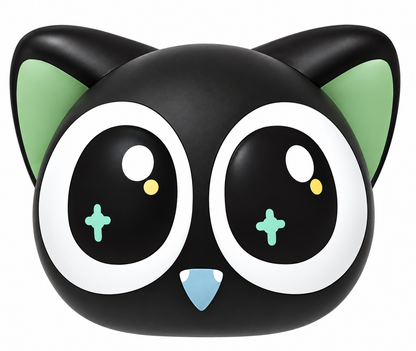 FUNISM Luo Xiaohei Daily Series black cat-shaped collectible blind box container featuring oversized eyes, mint-green ears and an adorable blue nose.