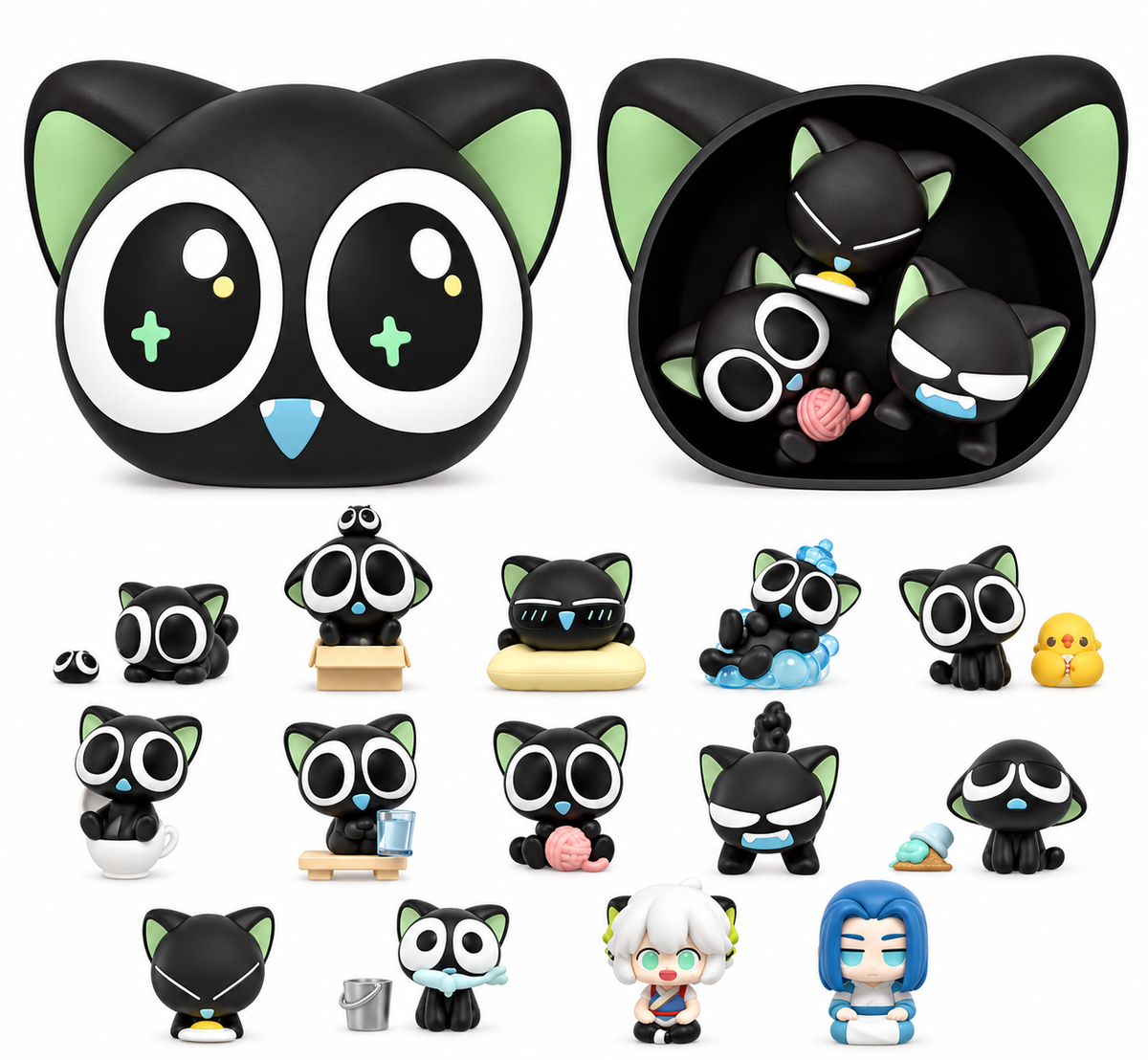 FUNISM Luo Xiaohei Daily Series miniature collectible figures showing the different black cat designs, accessories and special characters available in the collection.