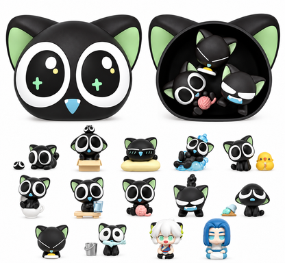 FUNISM Luo Xiaohei Daily Series miniature collectible figures showing the different black cat designs, accessories and special characters available in the collection.