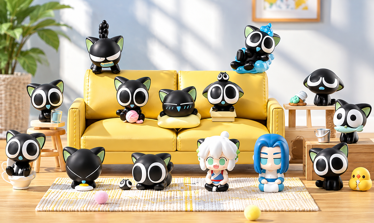 FUNISM Luo Xiaohei miniature black cat figures displayed around a yellow sofa in a cosy living room setting, featuring playful character designs and tiny accessories.