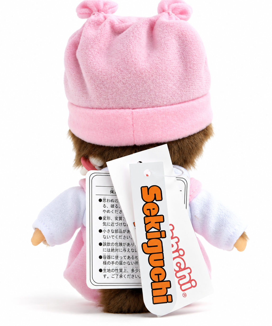 Back view of Sekiguchi Bebichhichi Revival Pink Bunny Girl plush showing her pink bunny outfit and original Sekiguchi Monchhichi tags.