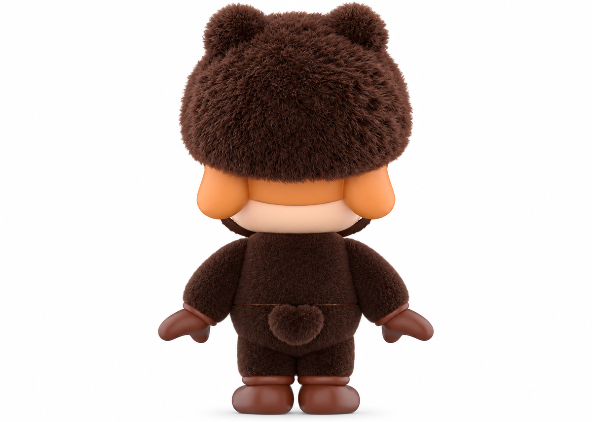 Rear view of POP MART CRYBABY Be Mine Limited Edition 17cm figure showing brown bear costume and fluffy tail