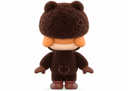 Rear view of POP MART CRYBABY Be Mine Limited Edition 17cm figure showing brown bear costume and fluffy tail