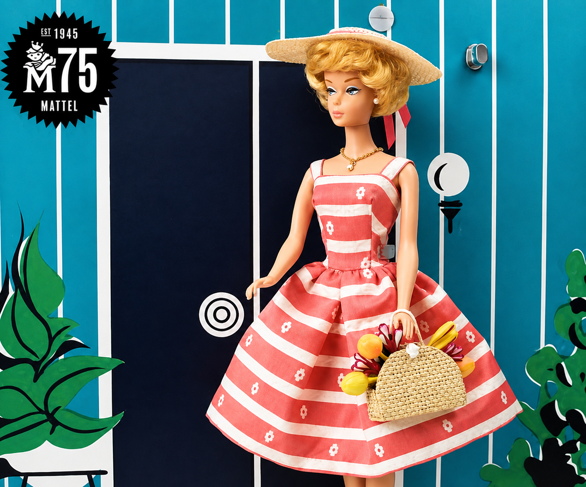 Barbie 1962 Dream House reproduction doll wearing pink striped vintage dress with hat and handbag, Mattel 75th Anniversary