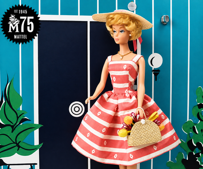 Barbie 1962 Dream House reproduction doll wearing pink striped vintage dress with hat and handbag, Mattel 75th Anniversary