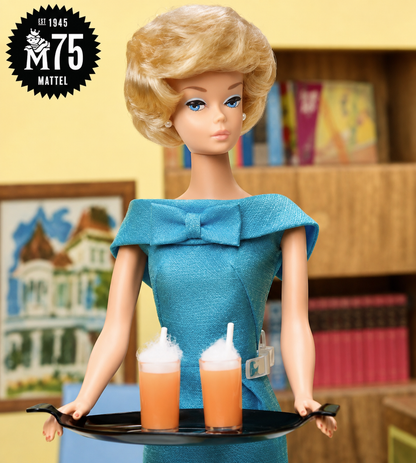 Mattel 75th Anniversary Barbie reproduction doll in turquoise dress holding tray with two drinks inside 1962 Dream House