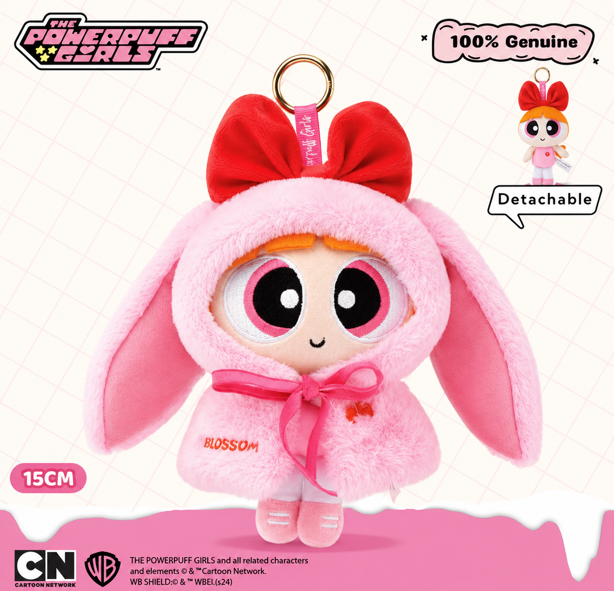 Powerpuff Girls Blossom 15cm plush keychain wearing a pink bunny hood with red bow and detachable fluffy outfit.