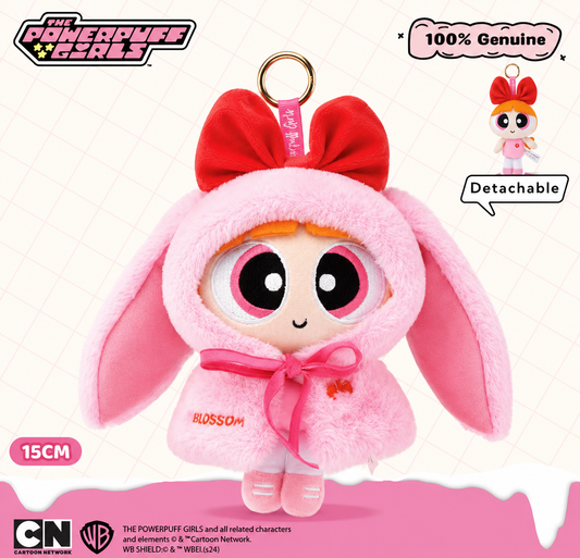Powerpuff Girls Blossom 15cm plush keychain wearing a pink bunny hood with red bow and detachable fluffy outfit.