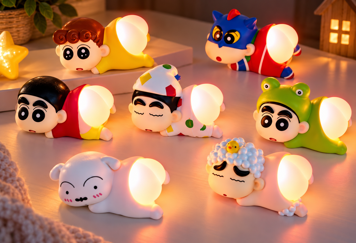 Crayon Shin-chan Light-Up Butt Lamp blind box collection featuring seven adorable character designs with glowing bottoms, including Frog Shin-chan, Shiro, Himawari, Action Kamen and Bubble Bath Shin-chan, displayed in a cosy, warmly lit setting.