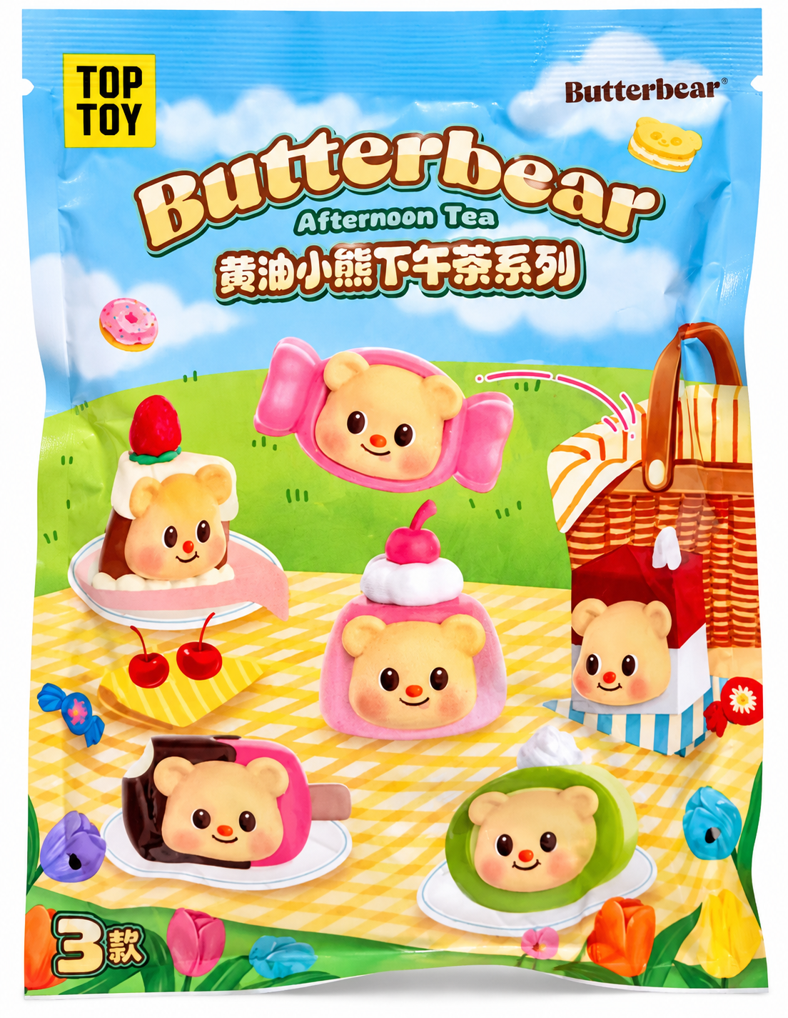 TOP TOY Butterbear Afternoon Tea Series sealed mystery blind bag featuring colourful illustrations of adorable bear-shaped cakes, sweets and desserts against a blue picnic-themed background.