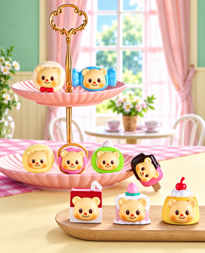 TOP TOY Butterbear Afternoon Tea magnetic collectible figures arranged on a pink two-tier cake stand and wooden serving board in a pastel-themed tea room.