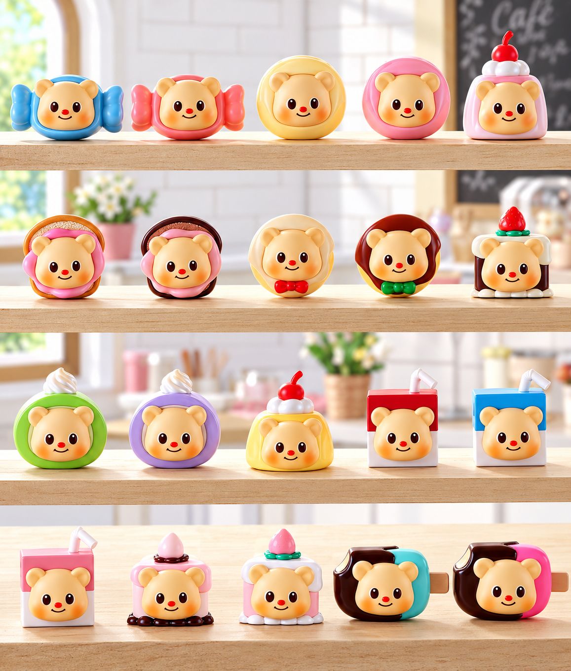 TOP TOY Butterbear Afternoon Tea Series magnetic collectible figures displayed across four wooden shelves, showcasing colourful miniature bear-shaped cakes, puddings, wrapped sweets, ice creams and drinks.