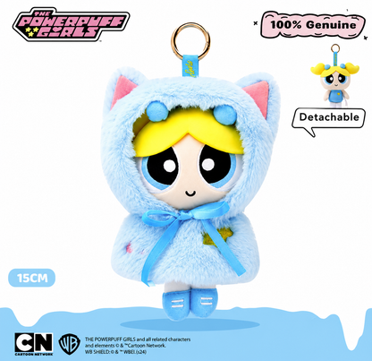 Powerpuff Girls Bubbles 15cm plush keychain wearing a blue cat hood with detachable fluffy outfit.