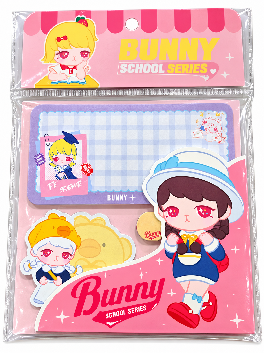 Pop Mart Bunny School Series 2022 memo pad stationery set featuring three colourful Bunny character notelet designs in original sealed packaging.