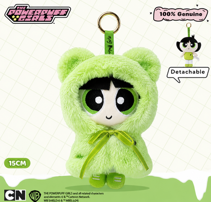 Powerpuff Girls Buttercup 15cm plush keychain wearing a green bear hood with detachable fluffy outfit.