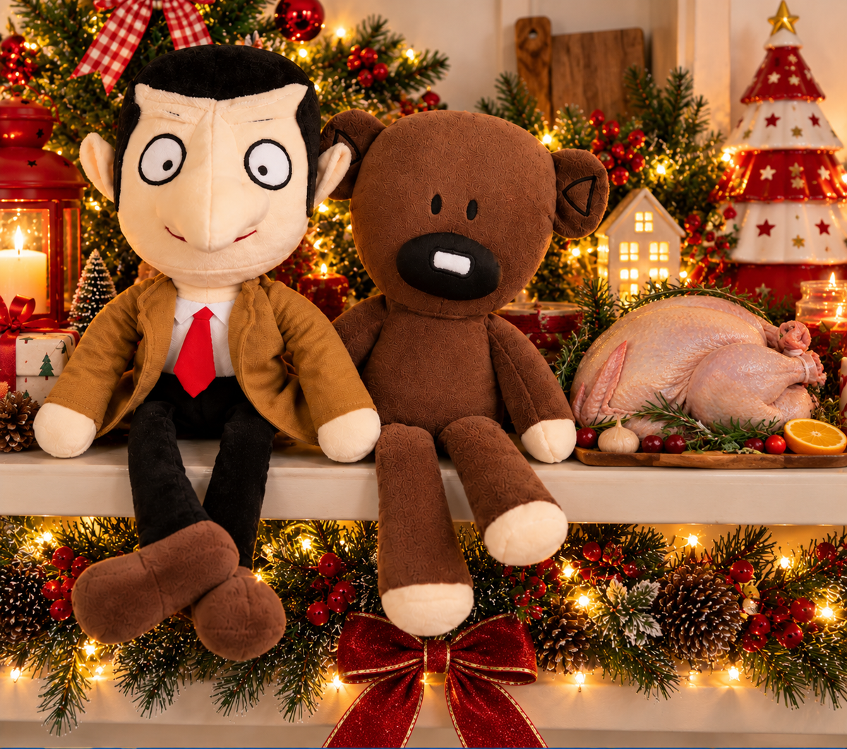 Mr Bean and Teddy plush toy set sitting together on a festive Christmas shelf beside a turkey and Christmas decorations.