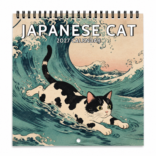 Japanese Cat 2027 wall calendar featuring black and white cat swimming through Japanese-style ocean waves.