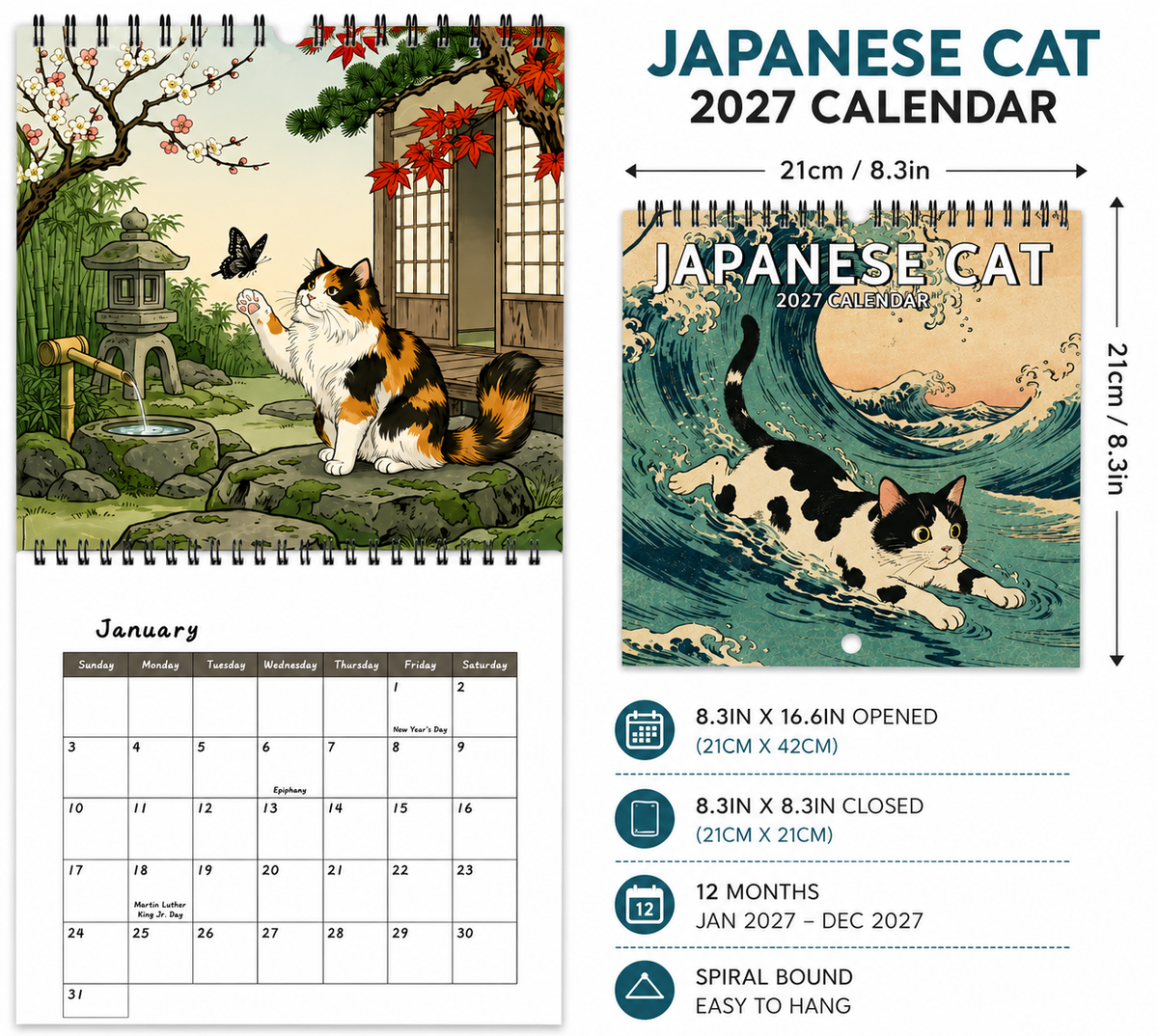 Japanese Cat 2027 calendar open to January with calico cat in traditional Japanese garden illustration above monthly grid.