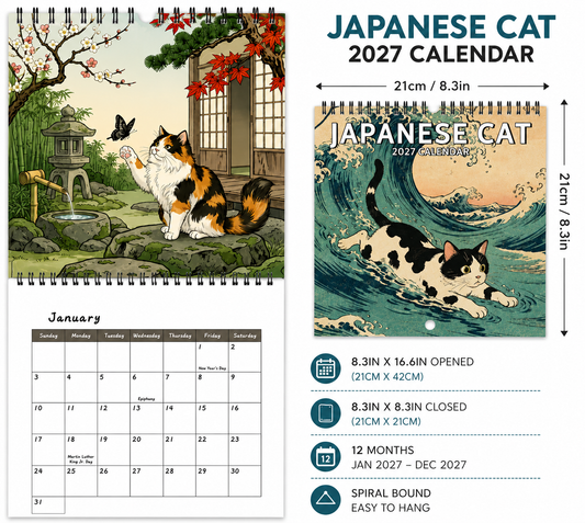 Japanese Cat 2027 calendar open to January with calico cat in traditional Japanese garden illustration above monthly grid.