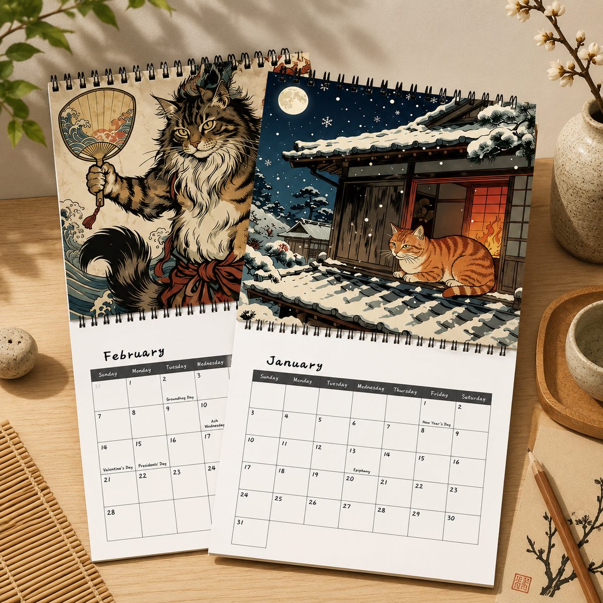 Japanese Cat 2027 wall calendar showing January snowy orange cat artwork and February Japanese warrior-style cat illustration.
