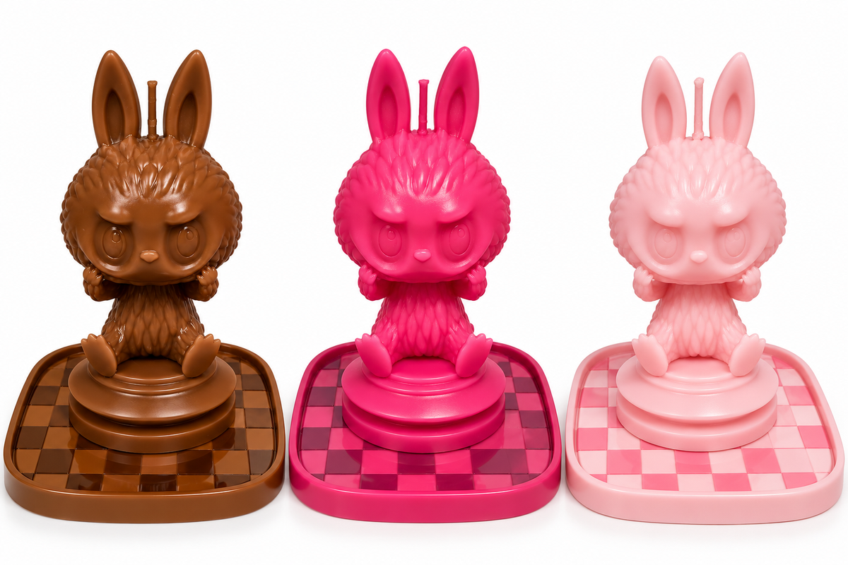 Main Image: Three Pop Mart The Monsters Let's Checkmate Labubu scented candles in chocolate brown, raspberry pink and light pink, displayed on matching chessboard trays.