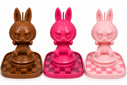 Main Image: Three Pop Mart The Monsters Let's Checkmate Labubu scented candles in chocolate brown, raspberry pink and light pink, displayed on matching chessboard trays.