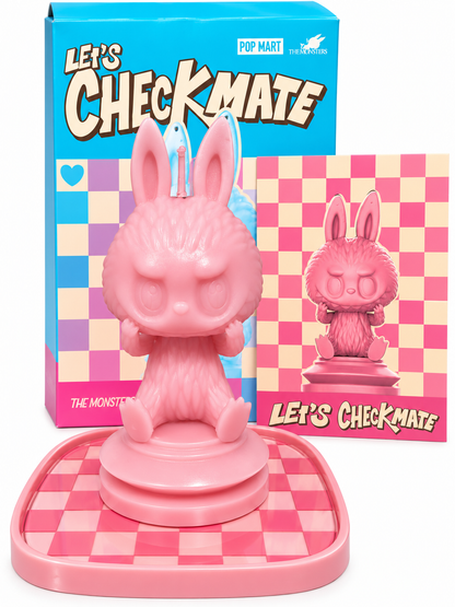 Pop Mart Labubu Let's Checkmate Pawn scented candle in soft light pink with matching chessboard display tray.