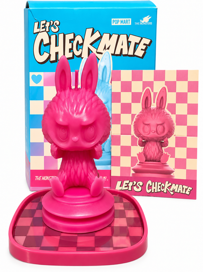 Pop Mart Labubu Let's Checkmate Bishop scented candle in vibrant raspberry pink with matching chessboard display tray.
