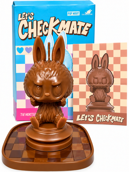Pop Mart Labubu Let's Checkmate King scented candle in chocolate brown with matching chessboard display tray.