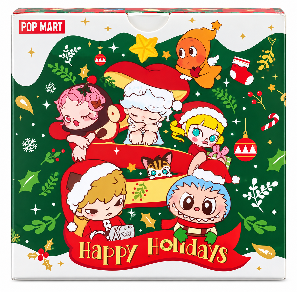 POP MART Happy Holidays Christmas greeting card set featuring colourful festive character illustrations including Labubu.