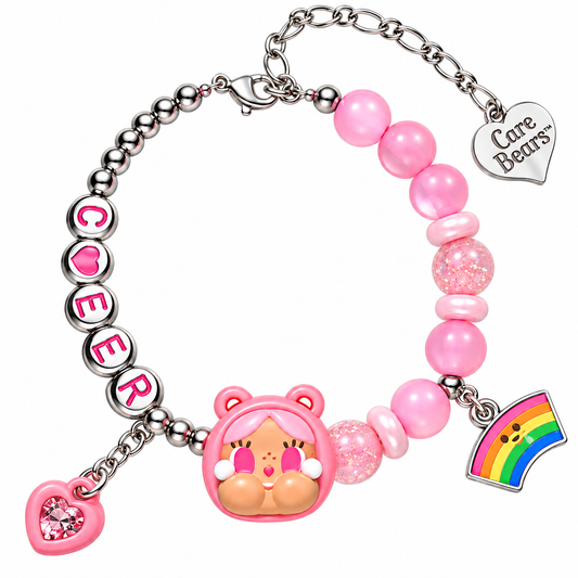 POP MART CRYBABY x Care Bears Cheer Bear confirmed pink charm bracelet with rainbow, heart and character charms